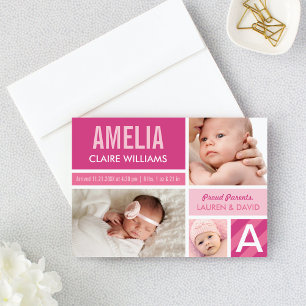 Bold Pink Modern Colour Block Baby Girl Birth Announcement