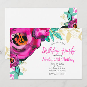 Bold Pink Modern Floral Watercolor Birthday Party Invitation