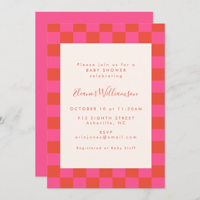 Bold Pink Orange Chequerboard Pattern Baby Shower Invitation (Front/Back)