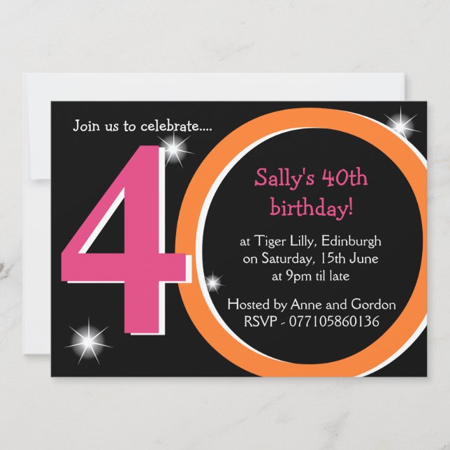 Bold Pink & Orange Fortieth 40th Birthday Party Invitation (Front)