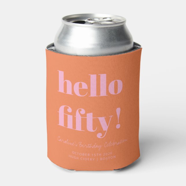 Bold Pink Orange Modern 50th Birthday Custom  Can Cooler (Can Front)
