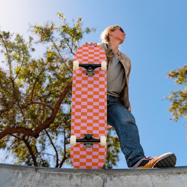 Bold Pink Orange Modern Geometric Check Pattern Skateboard (Outdoor 1)