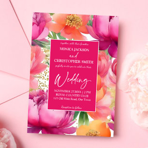 Bold pink orange peony elegant all in one wedding invitation