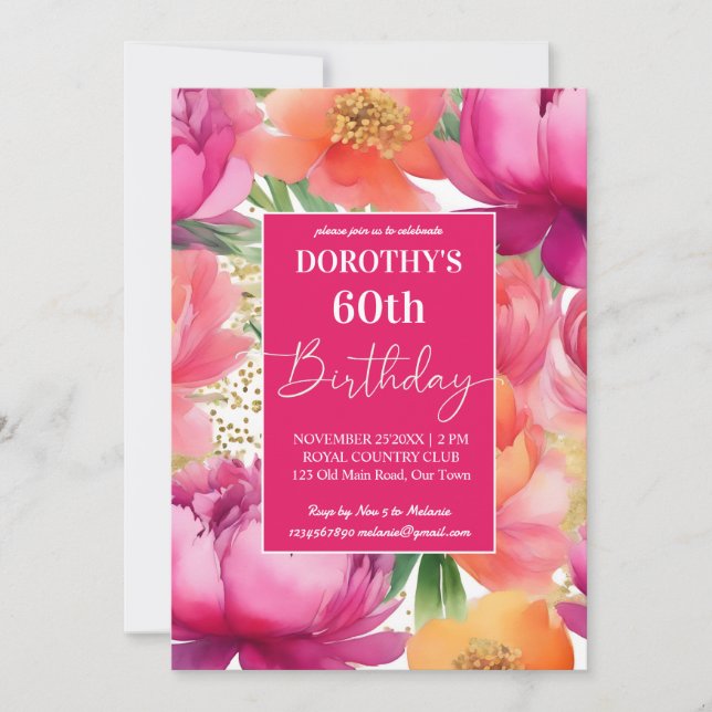 Bold pink orange peony elegant birthday party invitation (Front)