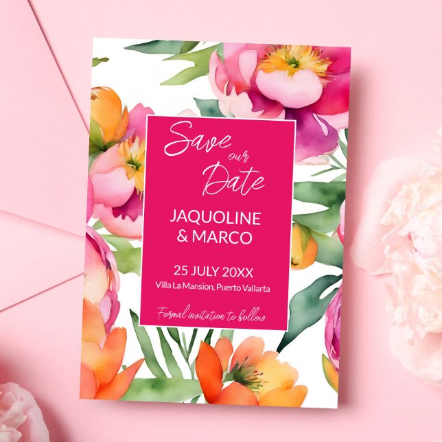 Bold pink orange summer flowers wedding template (Bold pink orange summer flowers wedding template save the date card magenta hot pink floral card)
