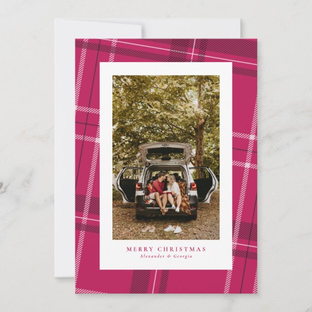 Bold pink plaid fun one photo Christmas Holiday Card (Front)