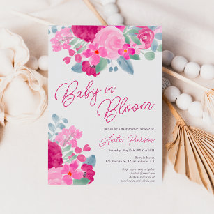 Bold pink plum floral watercolor baby shower invitation