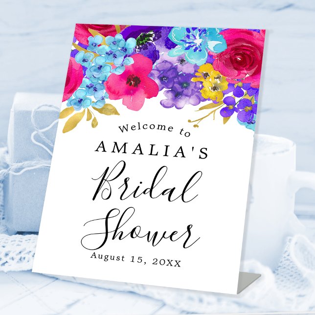 Bold Pink Purple Blue Floral Bridal Shower Welcome Pedestal Sign (Creator Uploaded)