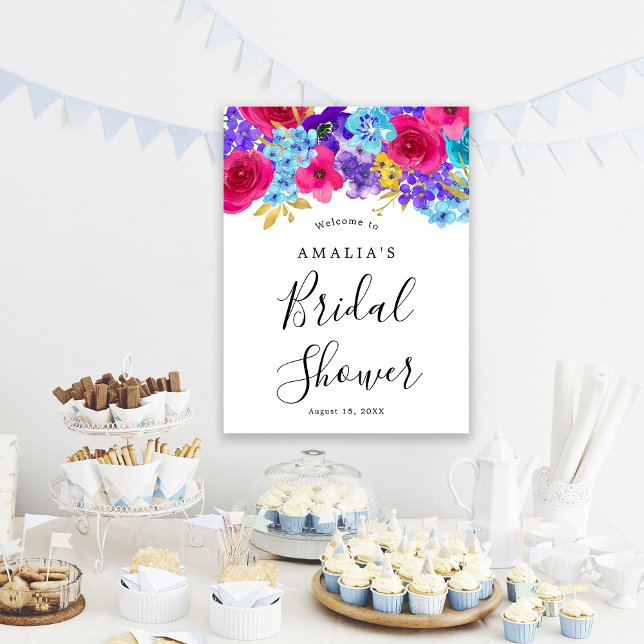 Bold Pink Purple Blue Floral Bridal Shower Welcome Poster (Creator Uploaded)
