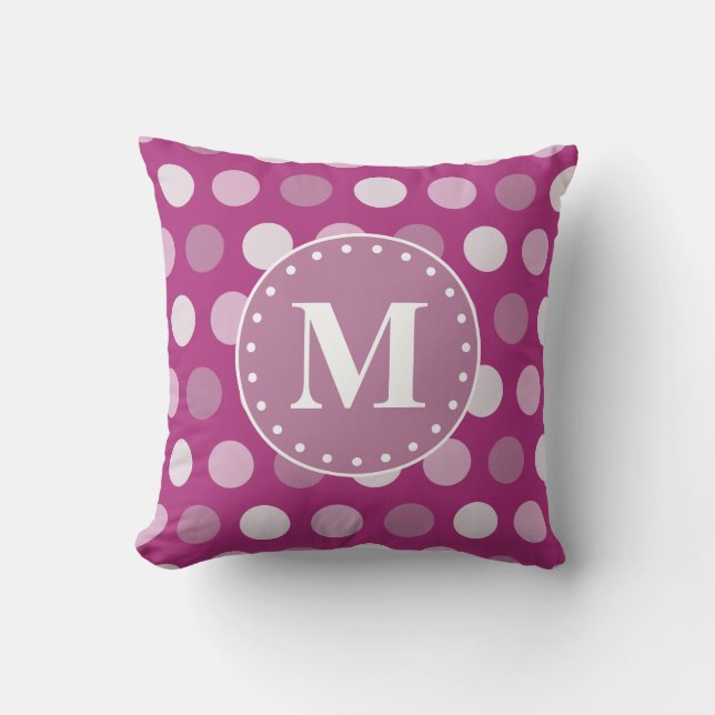 Bold Pink Purple Polka Dots Monogram Cushion (Front)