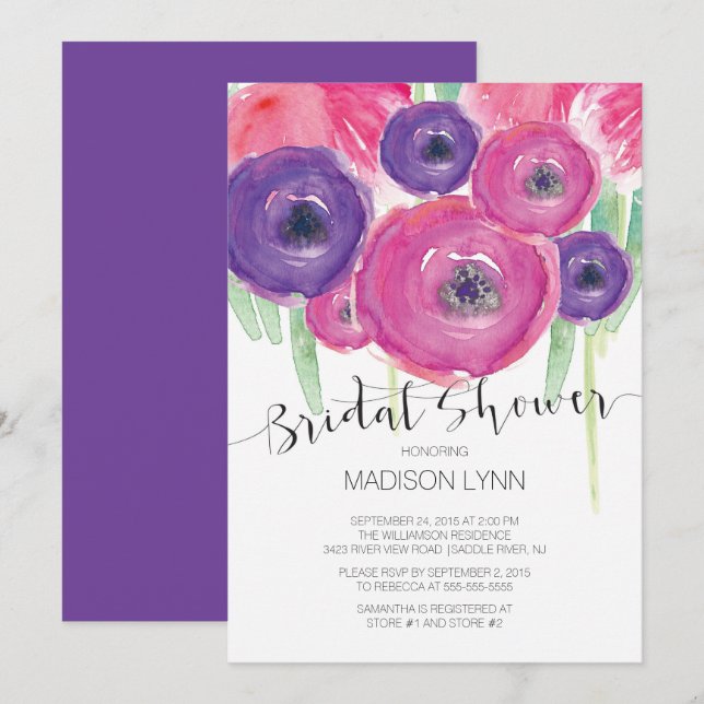 Bold Pink Purple Watercolor Flowers Bridal Shower Invitation (Front/Back)