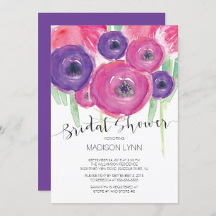 Bold Pink Purple Watercolor Flowers Bridal Shower Invitation