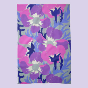 Bold Pink & Purple Windflower Pattern Retro  Tea Towel