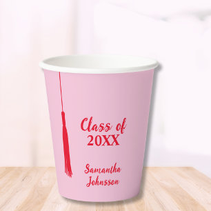 Bold Pink & Red 2024 Grad Tassel Graduation Paper Cups