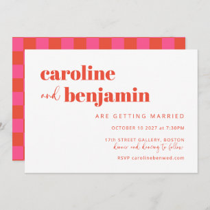 Bold Pink Red Chequerboard All-in-One Wedding Invitation
