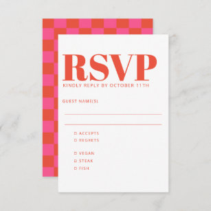 Bold Pink Red Chequerboard Pattern Wedding Meal RSVP Card