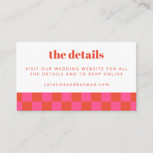 Bold Pink Red Chequerboard Wedding Website QR Code Enclosure Card