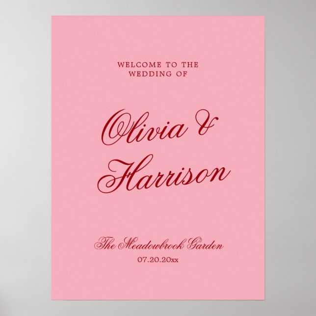 Bold Pink Red Clean Modern Wedding Welcome Sign (Front)