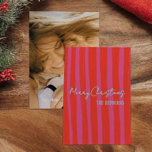 Bold Pink Red Hand-drawn Stripe Photo Christmas Holiday Card