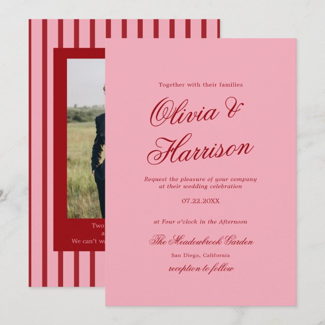 Bold Pink Red Minimalist Script Wedding Invitation (Front/Back)