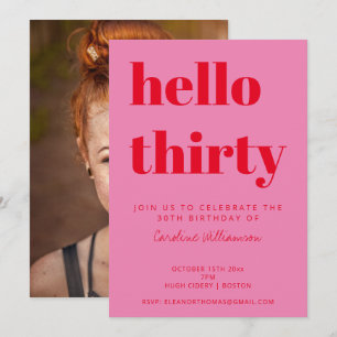 Bold Pink Red Modern 30th Birthday Photo Invitation