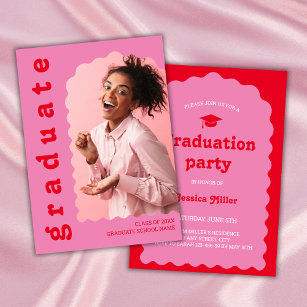 Bold Pink & Red Retro Font Wavy Photo Graduation Invitation