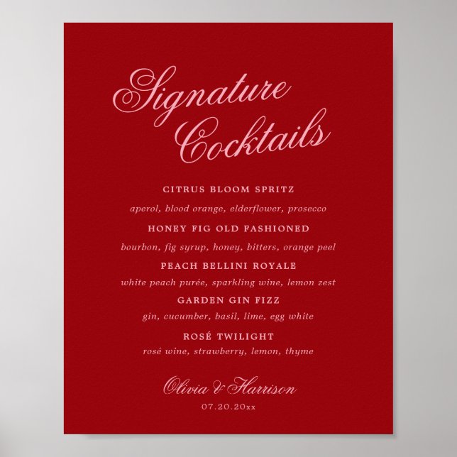 Bold Pink Red Script Signature Drink Menu Poster (Front)