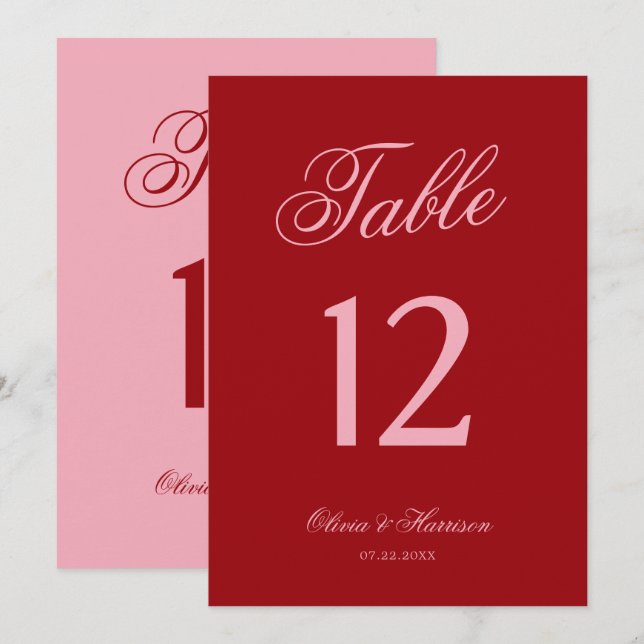 Bold Pink Red Script Wedding Table Number (Front/Back)