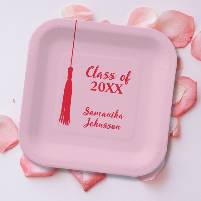 Bold Pink & Red Tassel Personalised Graduation  Paper Plate (Bold Pink & Red Tassel Personalized Graduation Paper Plates)