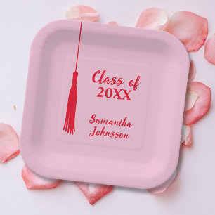 Bold Pink & Red Tassel Personalised Graduation  Paper Plate