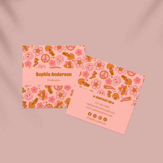 Bold Pink Retro Groovy Pattern  Square Business Card (Creator Uploaded)