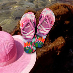 Bold Pink Rose Bohemian Artsy Floral Monogrammed Jandals
