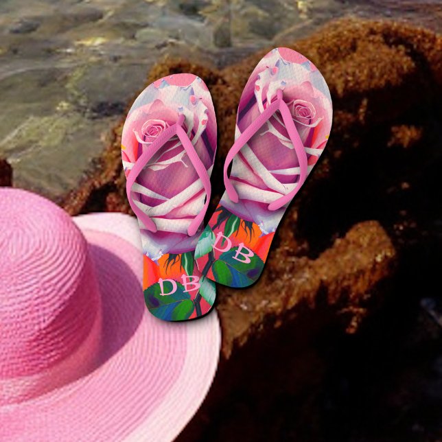 Bold Pink Rose Bohemian Artsy Floral Monogrammed  Jandals (Creator Uploaded)