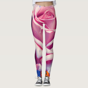 Bold Pink Rose Floral Artsy Bohemian Style Leggings