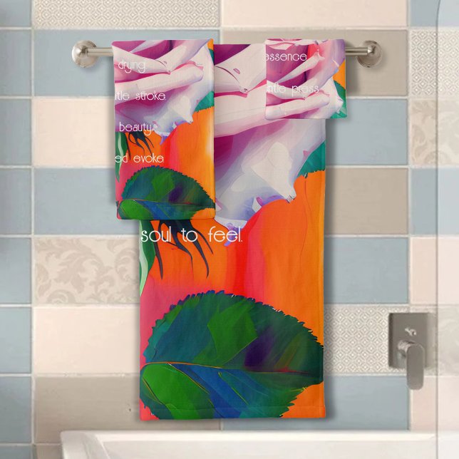 Bold Pink Rose in Bloom Poem Bohemian Artsy Bath Towel Set (Creator Uploaded)