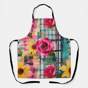 Bold Pink Rose Sunflower Plaid in Magenta & Teal Apron