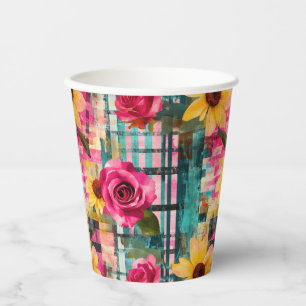 Bold Pink Rose Sunflower Plaid in Magenta & Teal Paper Cups