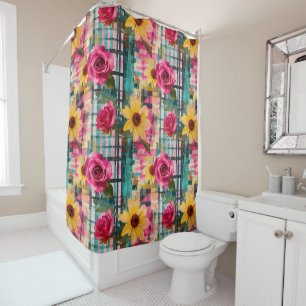 Bold Pink Rose Sunflower Plaid in Magenta & Teal Shower Curtain
