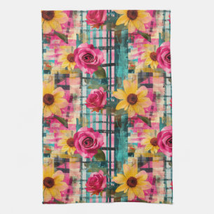 Bold Pink Rose Sunflower Plaid in Magenta & Teal Tea Towel