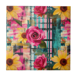 Bold Pink Rose Sunflower Plaid in Magenta & Teal Tile