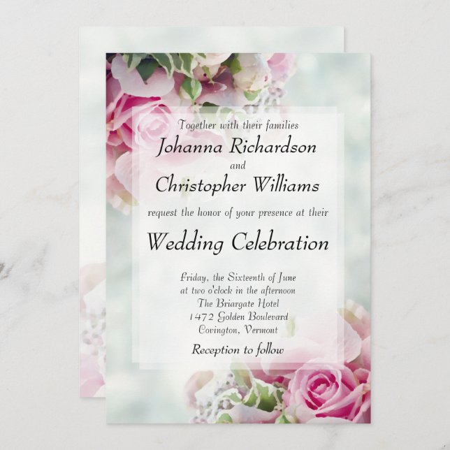 Bold Pink Roses Chic Floral Wedding Invitation (Front/Back)