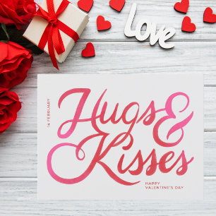 Bold Pink Script Hugs & Kisses Valentine's Day Postcard