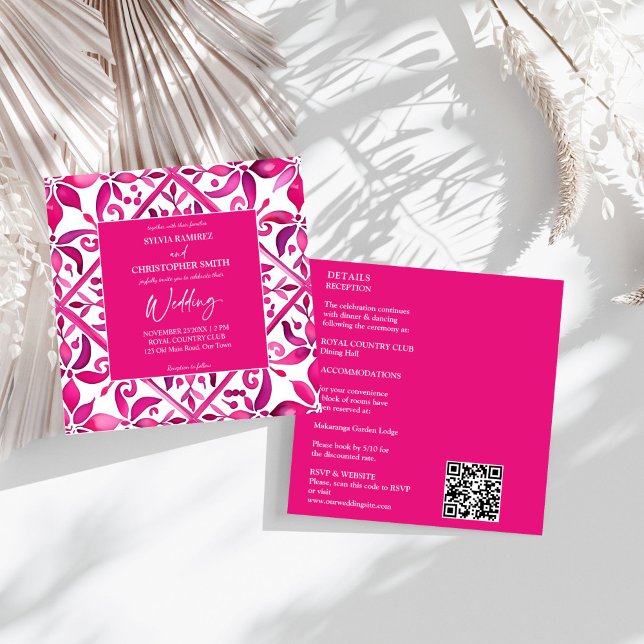 Bold pink Spanish talavera all in one wedding Invitation (Bold pink Spanish Mexican talavera all in one Hacienda wedding Invitation template instant download)