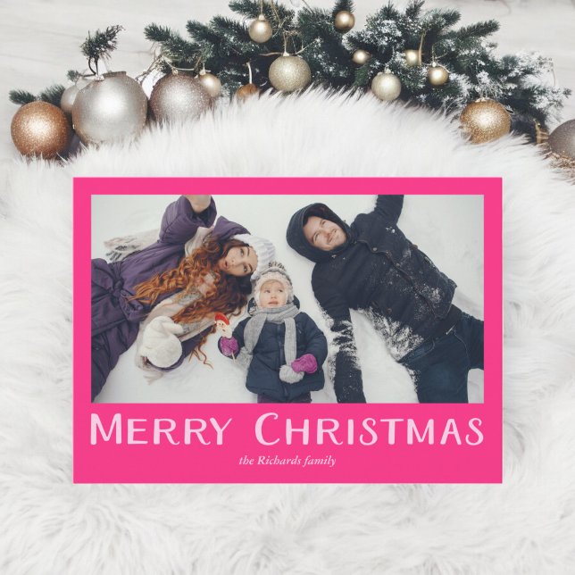Bold pink traditional Merry Christmas photo Holiday Card (Bold pink traditional Merry Christmas photo Holiday Card)