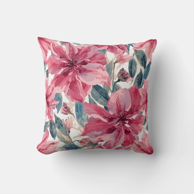Bold Pink Tropical Botanical Floral Pattern Cushion (Front)
