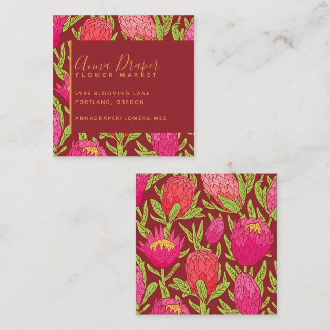 Bold Pink Tropical Floral Square Business Card (Front/Back)