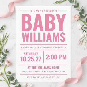 Bold Pink Typography Girl Baby Shower Invitation