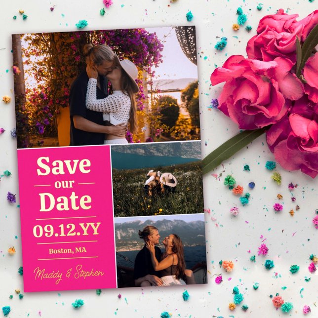 Bold Pink Typography Photo Collage Save The Date (Creator Uploaded)