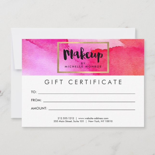 Bold Pink Watercolors Makeup Gift Certificate (Front)