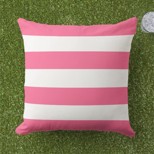 Bold Pink White Wide Horizontal Stripe Cushion (Grass)